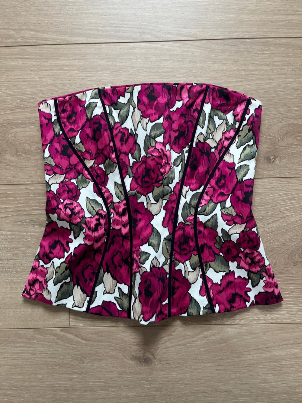 White House Black Market Floral Strapless Bustier Top in Fuchsia and White